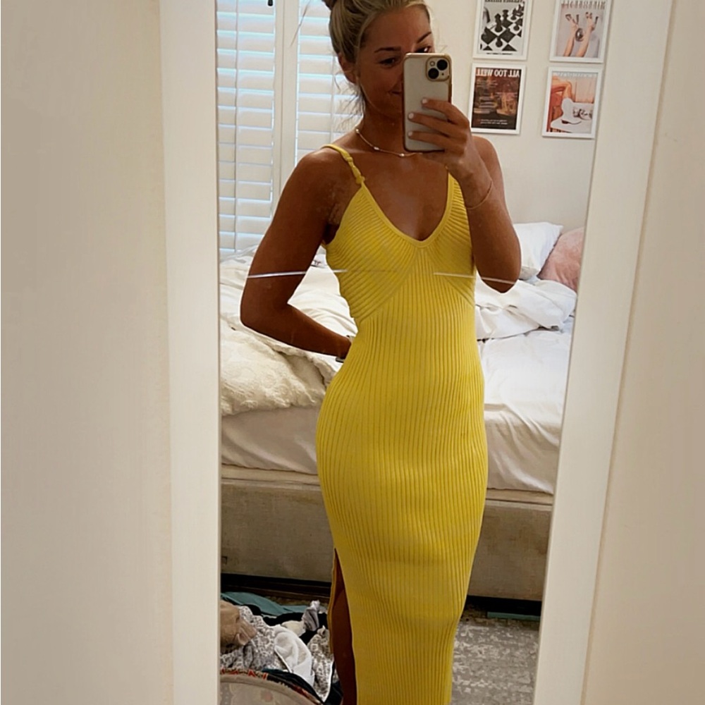 House of Harlow 1960 Yellow Bodycon Midi Dress Spaghetti Strap